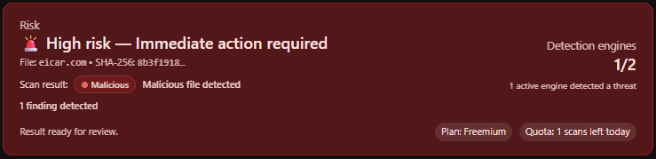 CypherScan result showing high risk file detection